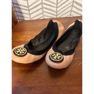 Tory Burch 6.5 Nude Black Logo Flats Shoes